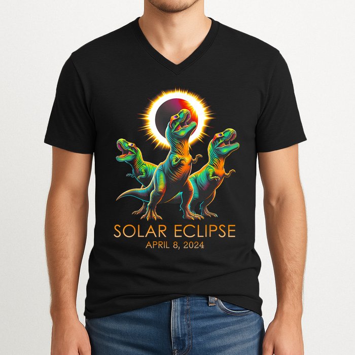 Funny Trex Dinosaur Watching Total Solar Eclipse Apr 8 2024 V-Neck T-Shirt