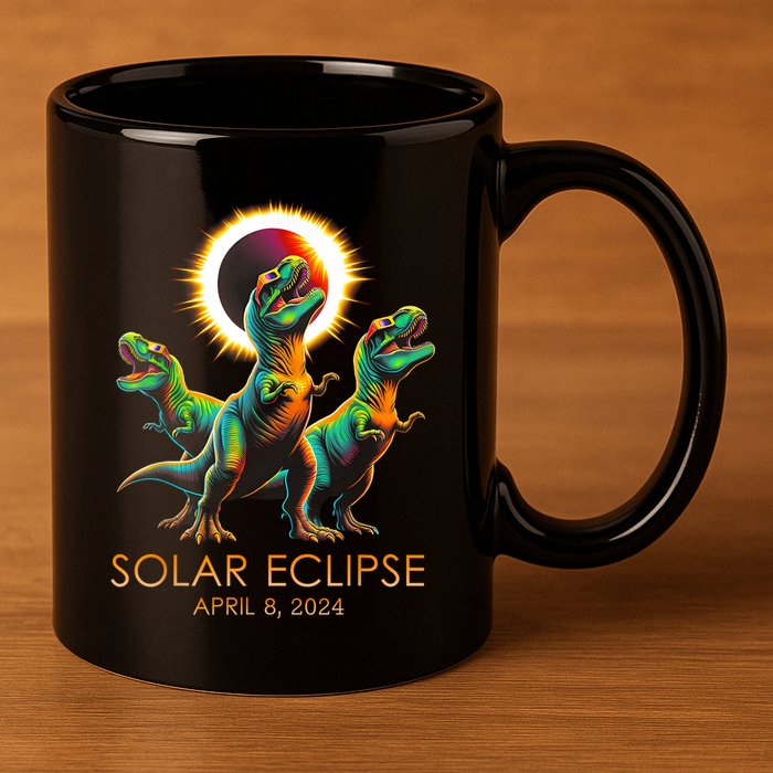 Funny Trex Dinosaur Watching Total Solar Eclipse Apr 8 2024 11oz C Handle Ceramic Mug