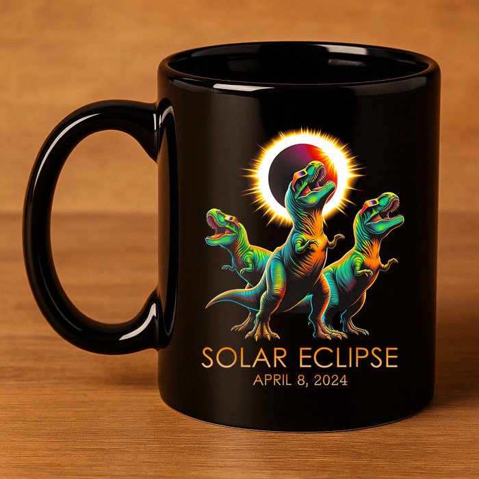 Funny Trex Dinosaur Watching Total Solar Eclipse Apr 8 2024 11oz C Handle Ceramic Mug