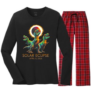 Funny Trex Dinosaur Watching Total Solar Eclipse Apr 8 2024 Women's Long Sleeve Flannel Pajama Set 