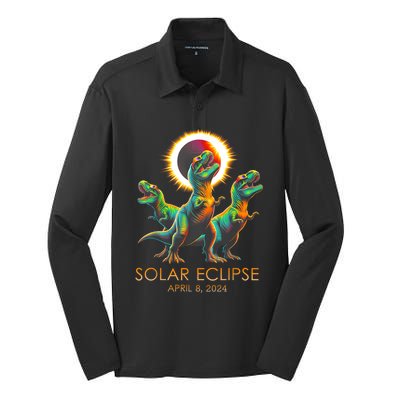 Funny Trex Dinosaur Watching Total Solar Eclipse Apr 8 2024 Silk Touch Performance Long Sleeve Polo