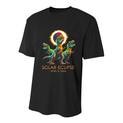 Funny Trex Dinosaur Watching Total Solar Eclipse Apr 8 2024 Youth Performance Sprint T-Shirt