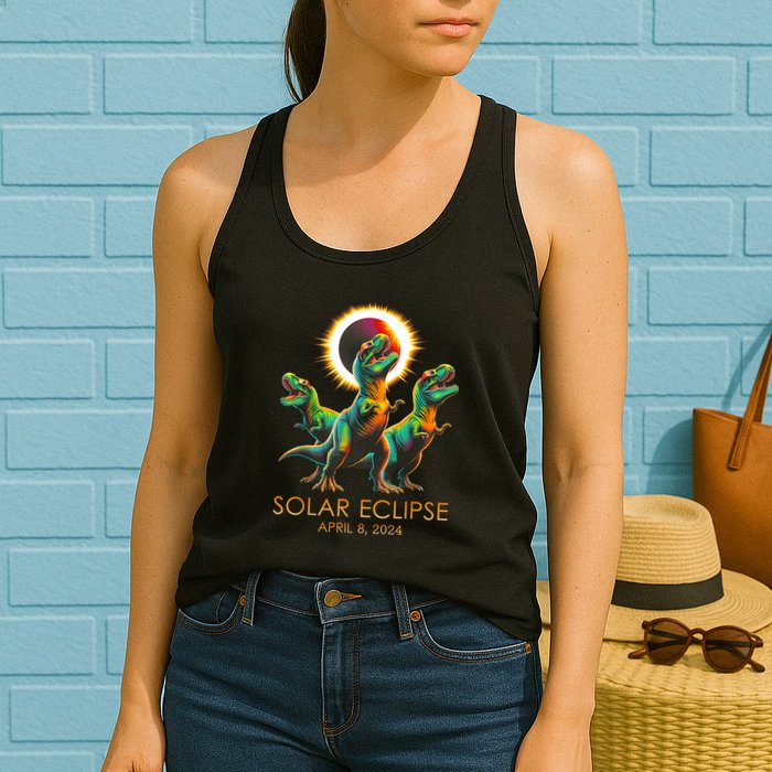 Funny Trex Dinosaur Watching Total Solar Eclipse Apr 8 2024 Womens Tank Top