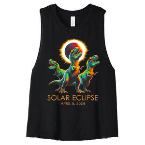 Funny Trex Dinosaur Watching Total Solar Eclipse Apr 8 2024 Women's Racerback Cropped Tank