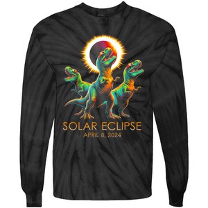 Funny Trex Dinosaur Watching Total Solar Eclipse Apr 8 2024 Tie-Dye Long Sleeve Shirt