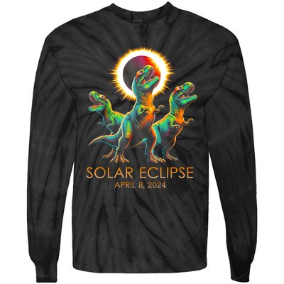 Funny Trex Dinosaur Watching Total Solar Eclipse Apr 8 2024 Tie-Dye Long Sleeve Shirt