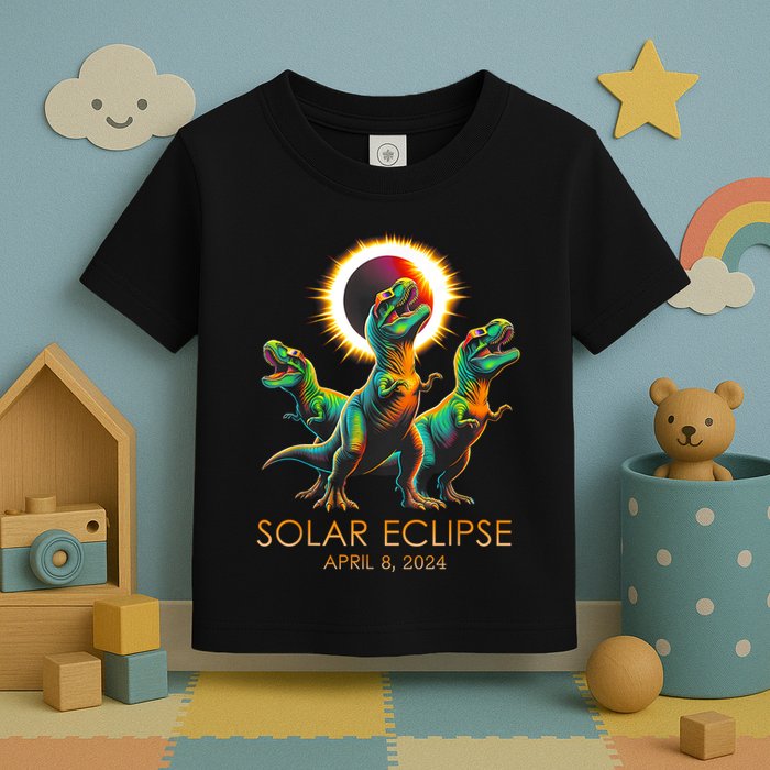 Funny Trex Dinosaur Watching Total Solar Eclipse Apr 8 2024 Toddler T-Shirt