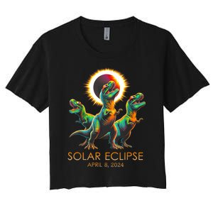 Funny Trex Dinosaur Watching Total Solar Eclipse Apr 8 2024 Women's Crop Top Tee