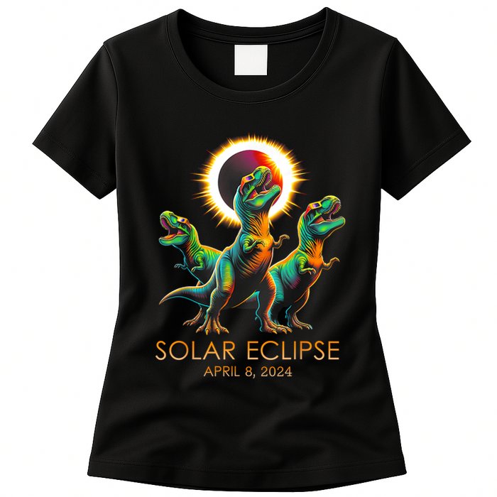Funny Trex Dinosaur Watching Total Solar Eclipse Apr 8 2024 Womens T-Shirt