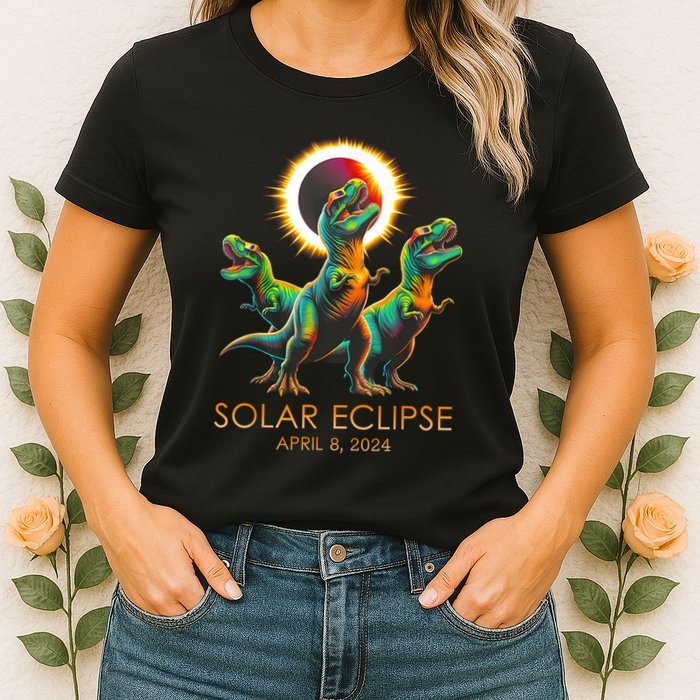 Funny Trex Dinosaur Watching Total Solar Eclipse Apr 8 2024 Womens T-Shirt