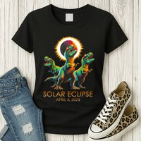 Funny Trex Dinosaur Watching Total Solar Eclipse Apr 8 2024 Womens T-Shirt