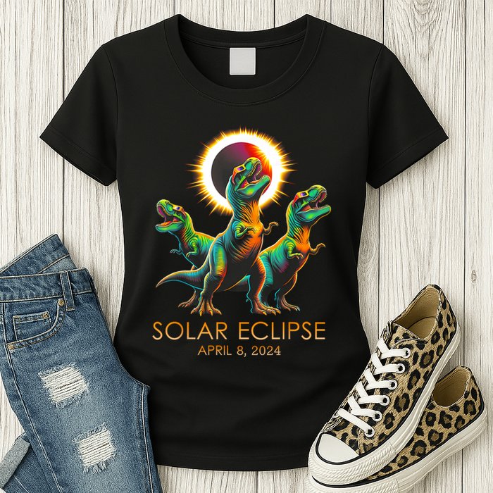 Funny Trex Dinosaur Watching Total Solar Eclipse Apr 8 2024 Womens T-Shirt