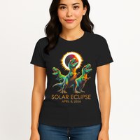 Funny Trex Dinosaur Watching Total Solar Eclipse Apr 8 2024 Womens T-Shirt