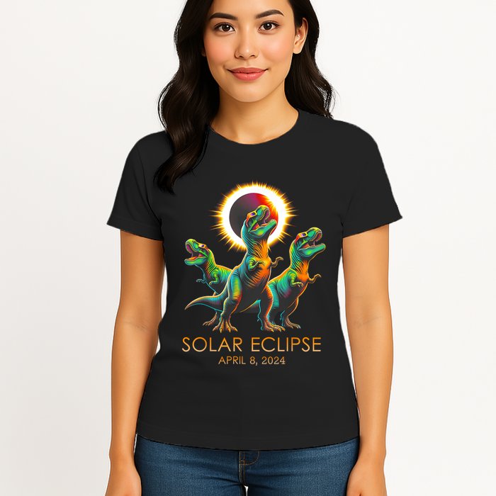 Funny Trex Dinosaur Watching Total Solar Eclipse Apr 8 2024 Womens T-Shirt