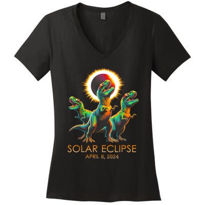 Funny Trex Dinosaur Watching Total Solar Eclipse Apr 8 2024 Women's V-Neck T-Shirt