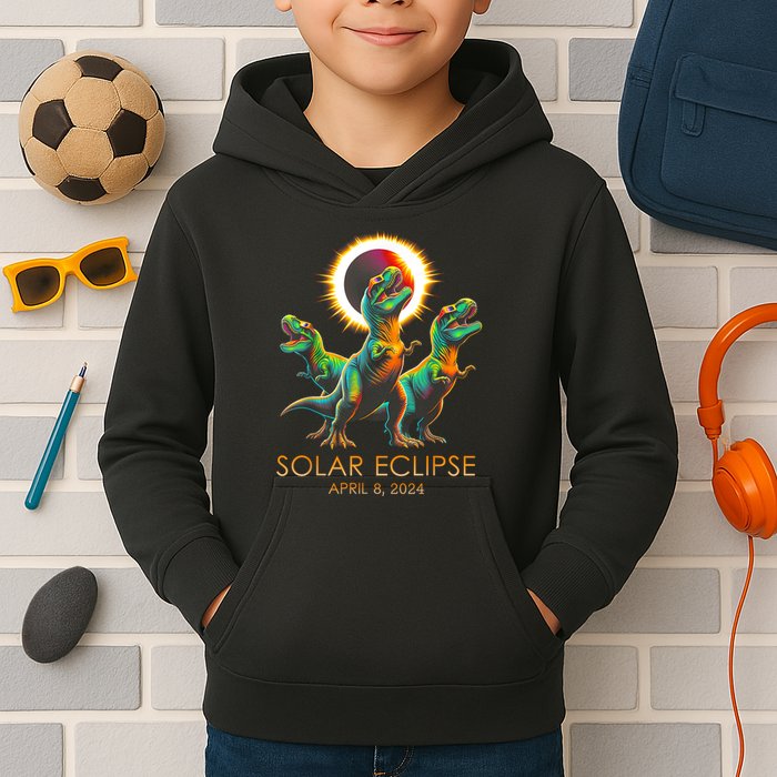 Funny Trex Dinosaur Watching Total Solar Eclipse Apr 8 2024 Kids Hoodie