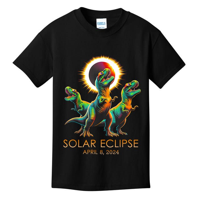 Funny Trex Dinosaur Watching Total Solar Eclipse Apr 8 2024 Kids T-Shirt