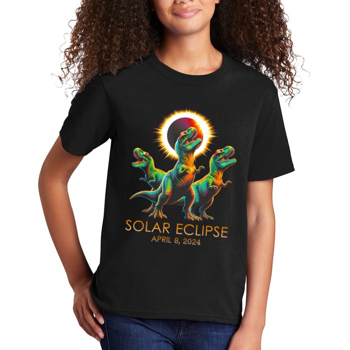 Funny Trex Dinosaur Watching Total Solar Eclipse Apr 8 2024 Kids T-Shirt