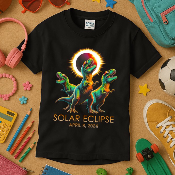 Funny Trex Dinosaur Watching Total Solar Eclipse Apr 8 2024 Kids T-Shirt