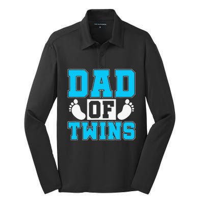 Family Twins Daddy Cute Footprint Dad Of Twins Twin Parents Silk Touch Performance Long Sleeve Polo