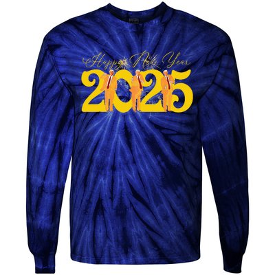 Funny Trump Dance Happy New Year 2025 Fireworks Tie-Dye Long Sleeve Shirt