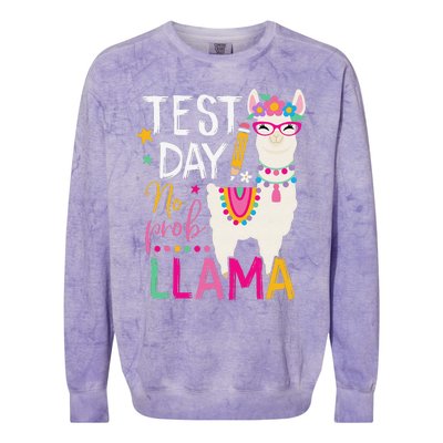 Funny Test Day No Probllama Llama Teacher Testing Day Llama Colorblast Crewneck Sweatshirt