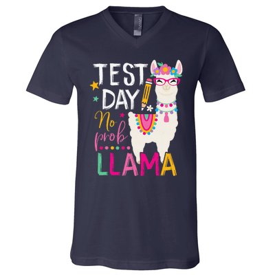 Funny Test Day No Probllama Llama Teacher Testing Day Llama V-Neck T-Shirt