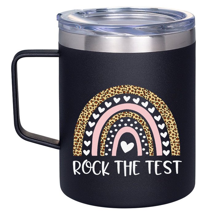 Funny Test Day Rock The Test Teacher Rainbow Leopard Student 12oz Stainless Steel Coffee Mug