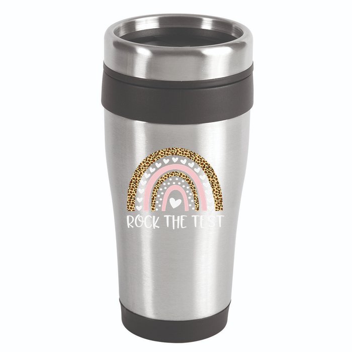 Funny Test Day Rock The Test Teacher Rainbow Leopard Student 16oz Travel Tumbler