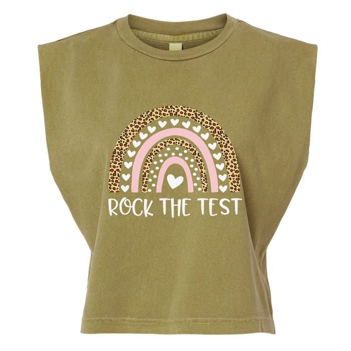 Funny Test Day Rock The Test Teacher Rainbow Leopard Student Garment-Dyed Women's Muscle Tee