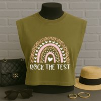 Funny Test Day Rock The Test Teacher Rainbow Leopard Student Garment-Dyed Women's Muscle Tee