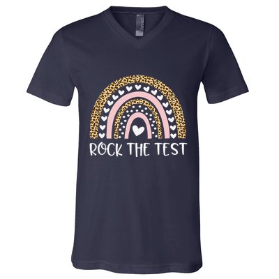 Funny Test Day Rock The Test Teacher Rainbow Leopard Student V-Neck T-Shirt