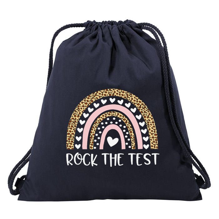 Funny Test Day Rock The Test Teacher Rainbow Leopard Student Drawstring Bag