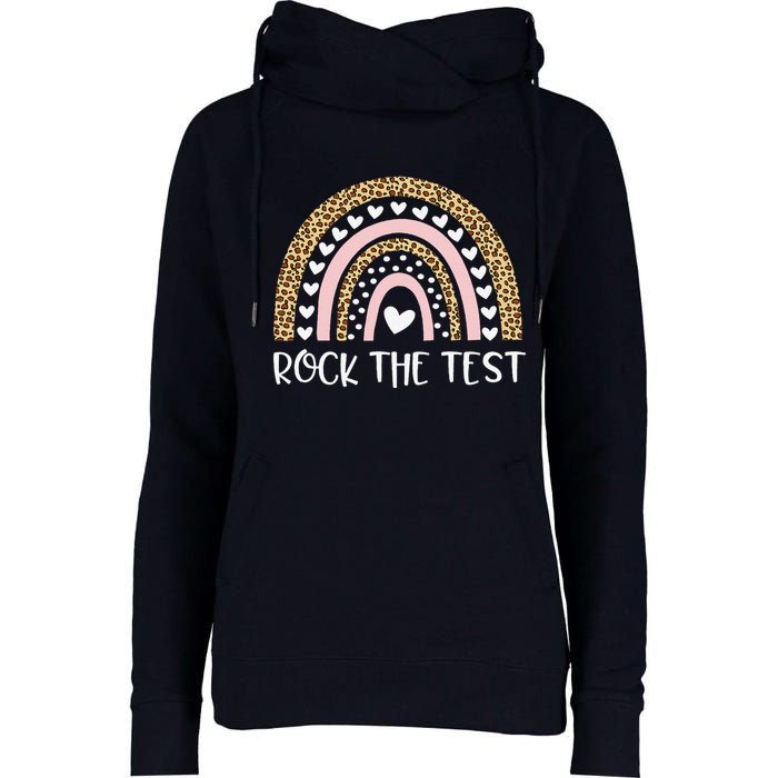 Funny Test Day Rock The Test Teacher Rainbow Leopard Student Womens Funnel Neck Pullover Hood