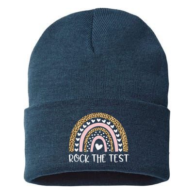 Funny Test Day Rock The Test Teacher Rainbow Leopard Student Sustainable Knit Beanie