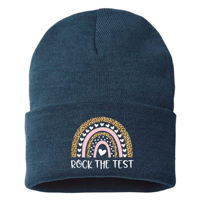 Funny Test Day Rock The Test Teacher Rainbow Leopard Student Sustainable Knit Beanie