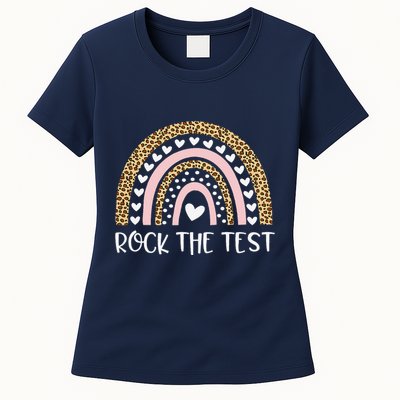 Funny Test Day Rock The Test Teacher Rainbow Leopard Student Womens T-Shirt