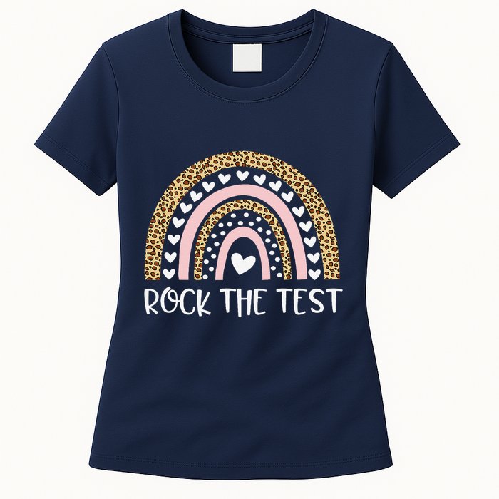 Funny Test Day Rock The Test Teacher Rainbow Leopard Student Womens T-Shirt