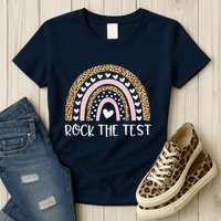 Funny Test Day Rock The Test Teacher Rainbow Leopard Student Womens T-Shirt
