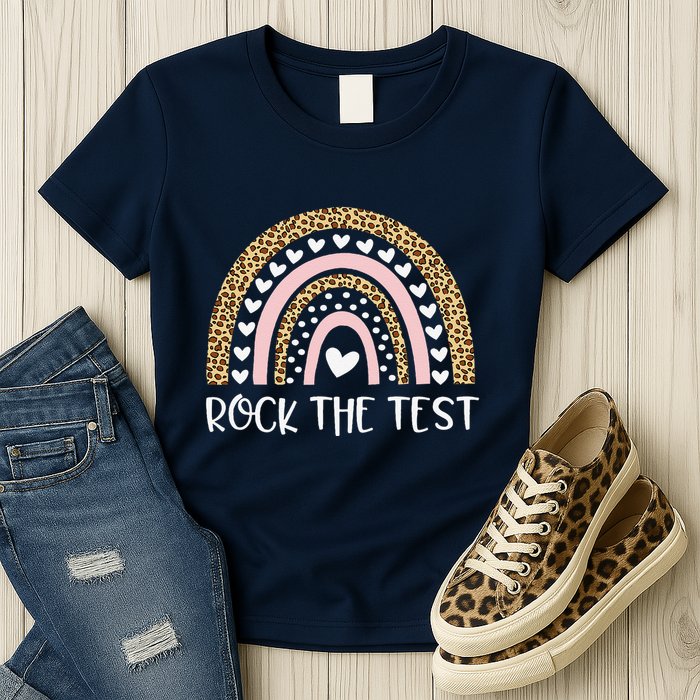 Funny Test Day Rock The Test Teacher Rainbow Leopard Student Womens T-Shirt