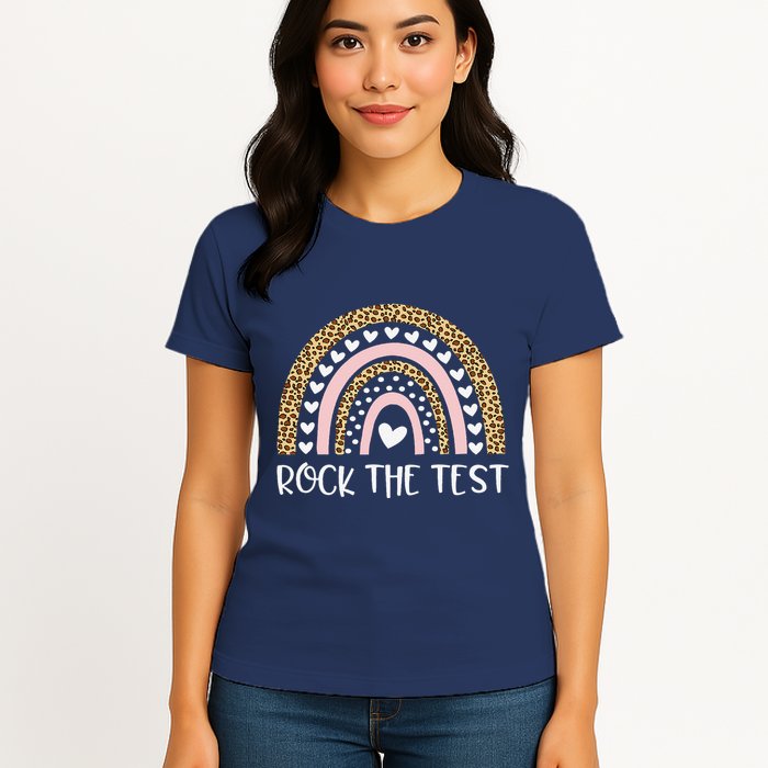 Funny Test Day Rock The Test Teacher Rainbow Leopard Student Womens T-Shirt