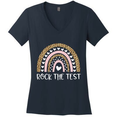 Funny Test Day Rock The Test Teacher Rainbow Leopard Student Women's V-Neck T-Shirt