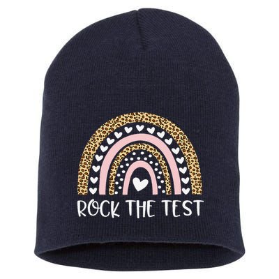 Funny Test Day Rock The Test Teacher Rainbow Leopard Student Short Acrylic Beanie