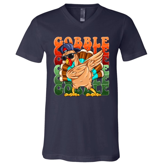 Funny Thanksgiving Dabbin Turkey Gobble V-Neck T-Shirt