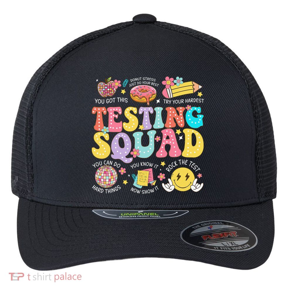 Funny Test Day Motivational Teacher Student Testing Squad Flexfit Unipanel Trucker Cap