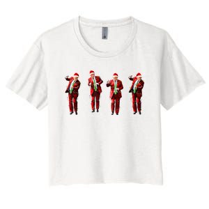 Funny Trump Dance Santa Claus Christmas Light Xmas Holiday Long Sleeve Women's Crop Top Tee