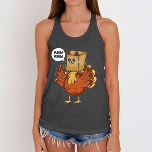 Funny Thanksgiving Day Fake Cat Turkey Meow Animal Farmer  Women's Knotted Racerback Tank