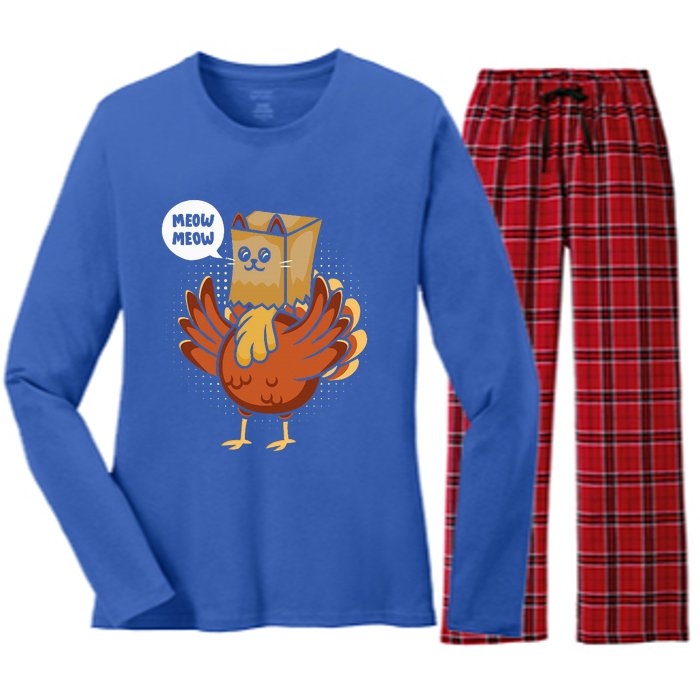 Funny Thanksgiving Day Fake Cat Turkey Meow Animal Farmer  Women's Long Sleeve Flannel Pajama Set 