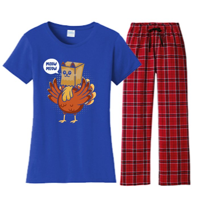 Funny Thanksgiving Day Fake Cat Turkey Meow Animal Farmer  Women's Flannel Pajama Set