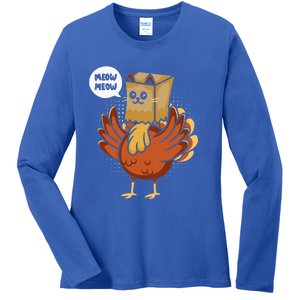 Funny Thanksgiving Day Fake Cat Turkey Meow Animal Farmer  Ladies Long Sleeve Shirt